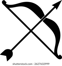 El diseño de arco y flecha negros muestra una flecha que pasa a través del arco en una presentación simplista contra un fondo blanco. Este Vector es perfecto para varios proyectos.