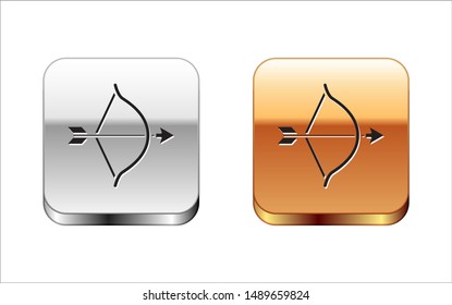 Black Bow and arrow icon isolated on white background. Cupid symbol. Love sign. Valentines day concept. Silver-gold square button. Vector Illustration