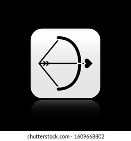 Black Bow and arrow icon isolated on black background. Cupid symbol. Love sign. Valentines day concept. Silver square button. Vector Illustration
