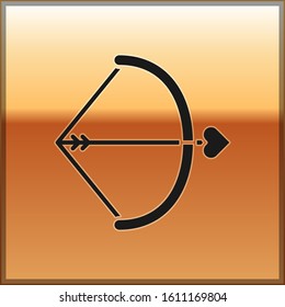 Black Bow and arrow icon isolated on gold background. Cupid symbol. Love sign. Valentines day concept.  Vector Illustration