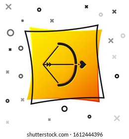Black Bow and arrow icon isolated on white background. Cupid symbol. Love sign. Valentines day concept. Yellow square button. Vector Illustration