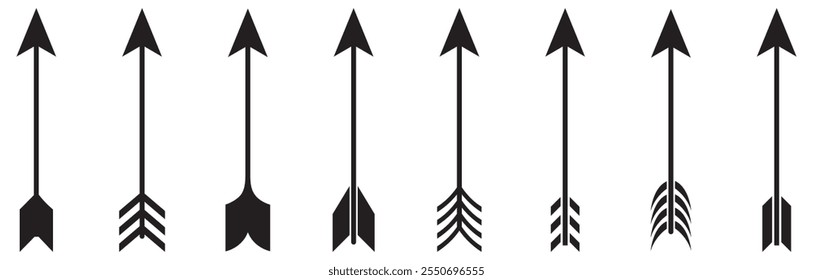 Black bow arrow icons set. Archer symbol isolated on transparent. Vector illustration.