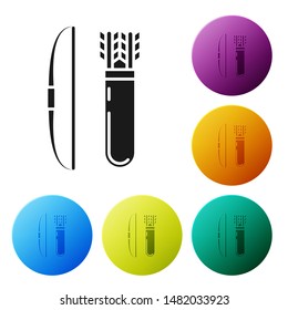 Black Bow and arrow in quiver icon isolated on white background. Set icons colorful circle buttons. Vector Illustration