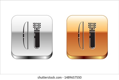 Black Bow and arrow in quiver icon isolated on white background. Silver-gold square button. Vector Illustration