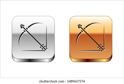 Black Bow and arrow in quiver icon isolated on white background. Silver-gold square button. Vector Illustration