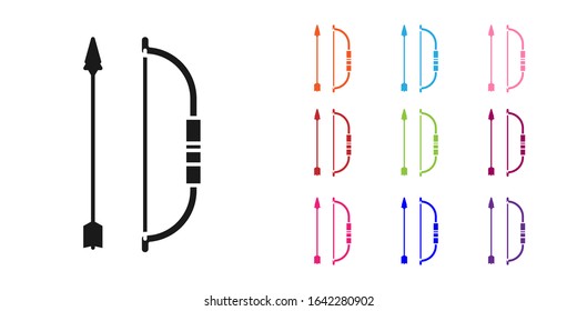 Bow negro y flecha en icono de quiver aislado en fondo blanco. Establecer iconos coloridos.  Ilustración vectorial