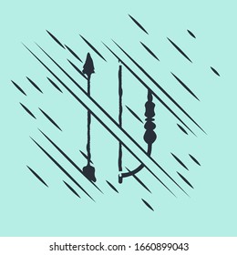 Black Bow and arrow in quiver icon isolated on green background. Glitch style. Vector Illustration