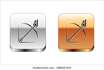 Black Bow and fire arrow icon isolated on white background. Silver-gold square button. Vector Illustration
