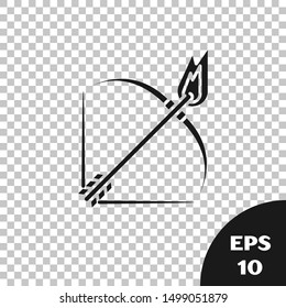 Black Bow and fire arrow icon isolated on transparent background.  Vector Illustration
