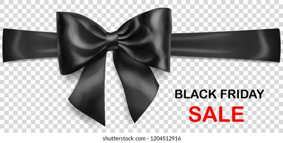 Black bow with horizontal ribbon with shadow and inscription Black Friday Sale on transparent background