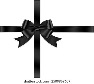 Black bow with horizontal and Vertical cross ribbon place on white background for decorate you funeral card, gift card or website, Vector EPS10 with copy space 