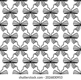 Black bow isolated on white background, lace knitted, doodle texture freehand drawing, vintage style. Seamless pattern, classic textile ornament. Can be used for gift wrap fabric wallpaper. Vector