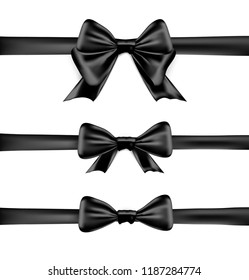 Black bow on white background greeting card. Ralistic black ribbon bow. Celebration decoration black design element.