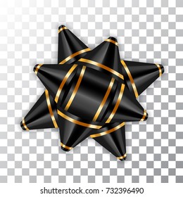 Black bow ribbon decor element package Shiny color satin decoration gift present isolated white transparent background. Christmas New Year celebration, birthday holiday design Vector illustration