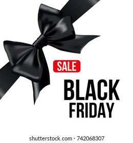 Black bow with ribbon and BLACK FRIDAY SALE words in white and black colors. BLACK FRIDAY sale design poster isolated on white background. Concept for your design.