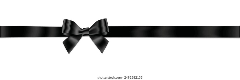 Black Bow and Ribbon Horizontal Realistic shiny satin with shadow horizontal ribbon for decorate funeral card or gift boxes vector EPS10 isolated on white background.