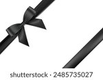 Black bow and ribbon realistic shiny satin place on corner of paper vector for decorate your Invitation card, brochure ,greeting card , book cover , or website isolated on white background.