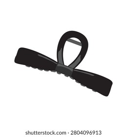 Black bow shaped claw clip vector illustration isolated on a white background. Sleek minimalist design for holding a sophisticated hairstyle of any length, long or short. Monochrome classic silhouette. Ideal for fashion bloggers, beauty brands, hairstyle tutorials, product packaging, advertisements, and editorial layouts. EPS 10.

