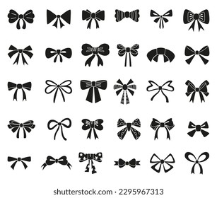 Black bow silhouettes. Isolated bows for hair and gifts. Present pack decorations elements. Formal fashion graphic, memory service neoteric vector icons