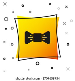 Black Bow tie icon isolated on white background. Yellow square button. Vector Illustration