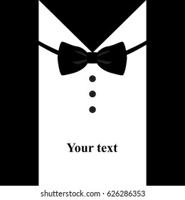 Black bow tie on postcard. Postcard tuxedo. Also suitable for invitation card, business card. Vector illustration.