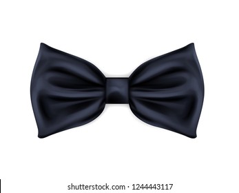 Black bow tie realistic vector icon isolated on white background. Men classic clothing elegant accessory. Formal dress code garment element. Holiday event, celebration party, wedding ceremony wear