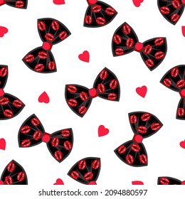 
Black bow tie with red lipstick imprints and small hearts on a white background. Seamless vector pattern.
