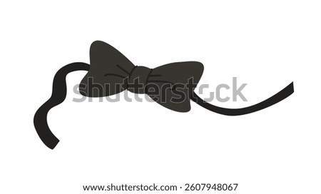 Black bow tie with strap in flat cartoon style, shown on white background. Concept of fashion accessory or formal attire. Vector illustration