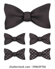 Black bow tie with white dots realistic vector illustration set isolated on white background