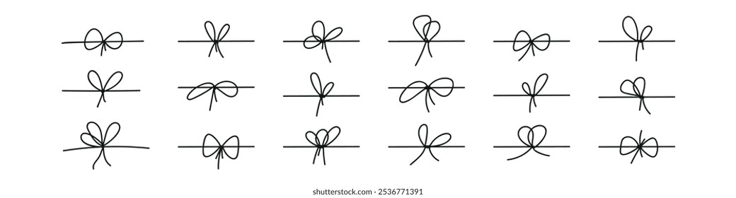 Black bow with tied rope and ribbon knot. Simple line design of string and thread for gift wrapping or marine cord. Flat vector illustration isolated on white background.