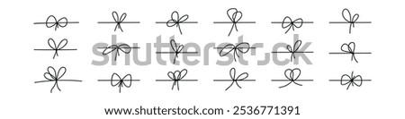 Black bow with tied rope and ribbon knot. Simple line design of string and thread for gift wrapping or marine cord. Flat vector illustration isolated on white background.