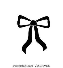 Black bow vector. Bow outline. Bow coquette y2k aesthetic ribbon, elegant accessory,  tie isolated on white background.  
