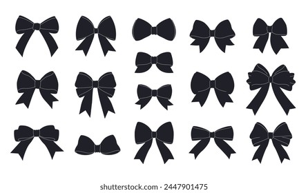 Schwarze Bowknot-Kollektion. Vereinzelte Silhouetten von Geschenkbögen auf weißem Hintergrund. Diese festlichen Vektorillustrationen können für Dekoration, Feiern, Hochzeiten und Partydesigns verwendet werden.