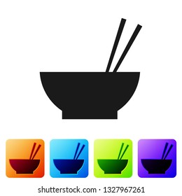 Black Bowl with asian food and pair of chopsticks silhouette icon isolated on white background. Concept of prepare, eastern diet. Set icon in color square buttons. Vector Illustration