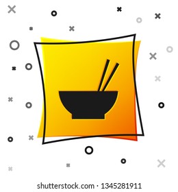 Black Bowl with asian food and pair of chopsticks silhouette icon isolated on white background. Concept of prepare, eastern diet. Yellow square button. Vector Illustration