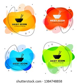 Black Bowl with asian food and pair of chopsticks silhouette icon isolated on white background. Concept of prepare, eastern diet. Set of liquid color abstract geometric shapes. Vector Illustration