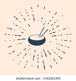 Black Bowl with asian food and pair of chopsticks silhouette icon isolated on beige background. Concept of prepare, eastern diet. Abstract circle random dots. Vector Illustration