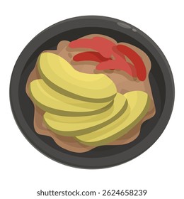 Black bowl containing hummus is topped with sliced avocado arranged neatly and red peppers