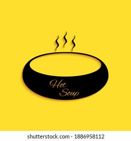 Black Bowl of hot soup icon isolated on yellow background. Long shadow style. Vector.