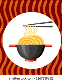 Black bowl with noodles and chopstick. Red handles. Flat vector illustration on textured background. Colorful icon for fast food restaurants.