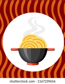 Black bowl with noodles. Red handles. Flat vector illustration on textured background. Colorful icon for fast food restaurants.