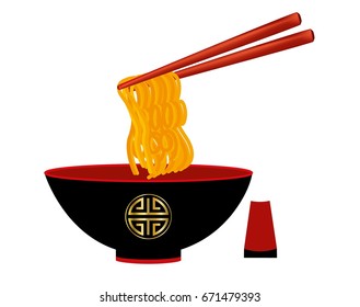 Black bowl with pattern and noodles