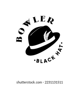 Black Bowler Hut mit Feder Logo Design Vintage Retro Style