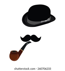 Black bowler hat, smoking pipe and black mustache vector set, gentleman, hipster