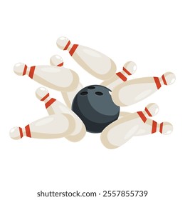 Black bowling ball crashing into white skittles with red stripes