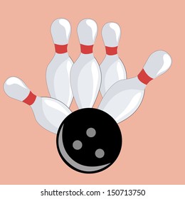 a black bowling ball hitting five white bowls in a pink background