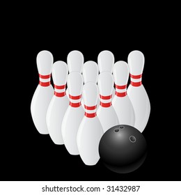 black bowling ball next to ten bowling pins with red stripe