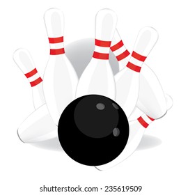 Black bowling ball, bowling pins, strike, hit