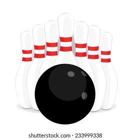 Black bowling ball and bowling pins vector