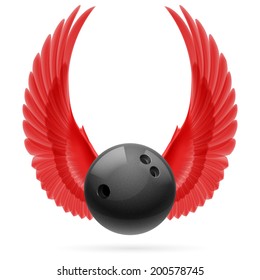 Black bowling ball with red raised up wings